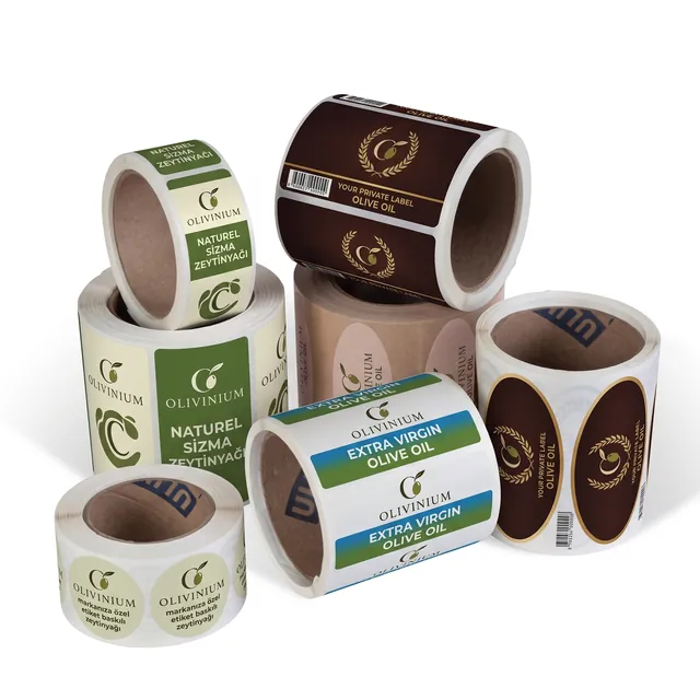 Olivinium label reels printed in different sizes and designs