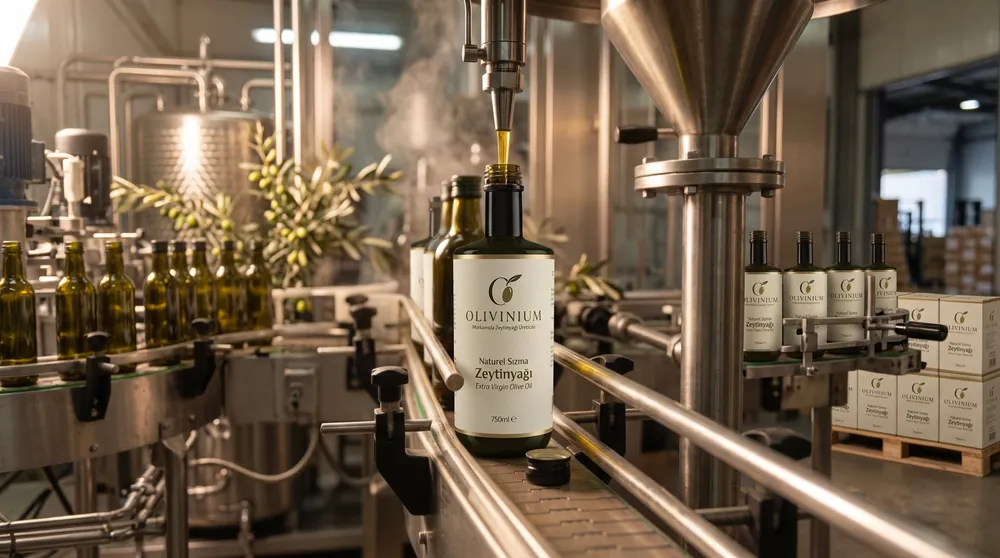 Olivinium-labeled bottles being filled on the filling line