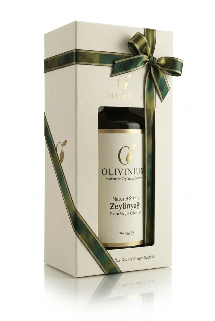 A bottle with the Olivinium label in a ribbon-tied gift box