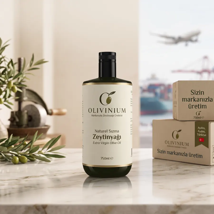An Olivinium-labeled olive oil bottle and cartons for production under your brand